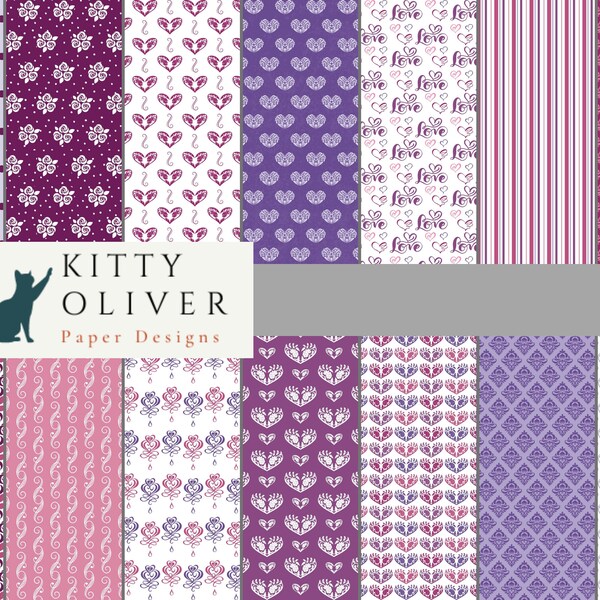 Damask Romantic Paper Pack in Violet, Plum, Fuchsia | Printable Digital Paper Download for Scrapbook, Valentines, Weddings 12x12, 300 DPI