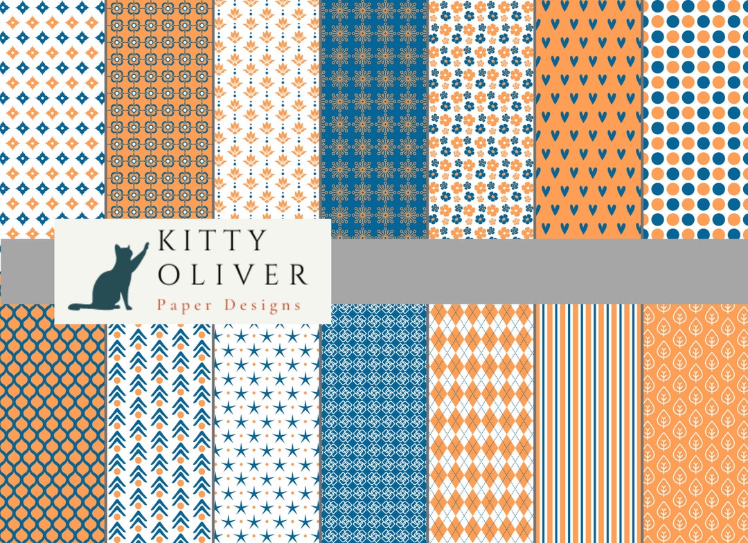 Blue and Orange Geometric Patterns Paper Pack | Printable Digital Paper ...