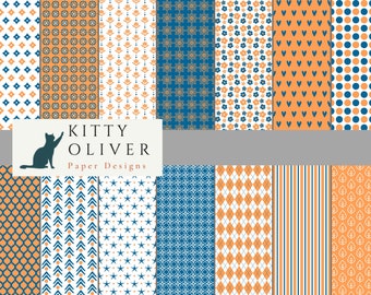 Blue and Orange Geometric Patterns Paper Pack | Printable Digital Paper Download, Scrapbooking, Card Making, Paper Crafts 12x12, 300 DPI