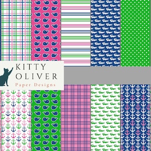 Paquete de papel Preppy estilo de los años 80 en rosa verde marino / descarga de papel digital imprimible, scrapbooking, fabricación de tarjetas, manualidades de papel 12x12, 300 DPI
