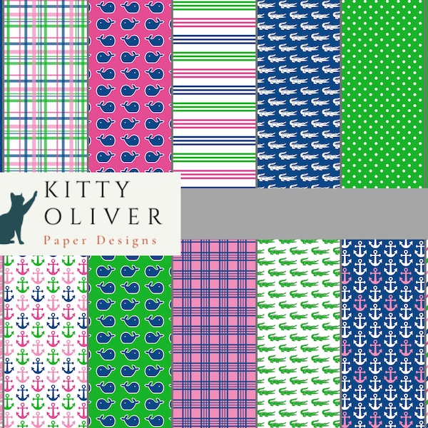80s Style Preppy Paper Pack in Pink Green Navy | Printable Digital Paper Download, Scrapbooking, Card Making, Paper Crafts 12x12, 300 DPI