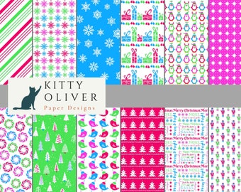 Bright, Colorful Christmas Paper Pack, Printable Digital Paper Download for Scrapbooking, Card Making, Paper Crafting, 12x12, 300 dpi