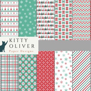 Pack de papier de Noël vert menthe et rouge | Téléchargement de papier numérique imprimable, Scrapbooking, Fabrication de cartes, Artisanat en papier 12x12, 300 DPI