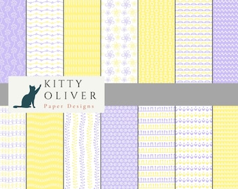 Pacote de papel bonito Pastel Spring Doodle em lavanda e amarelo | Download de papel digital, scrapbooking, confecção de cartões, artesanato, 12x12, 300 DPI