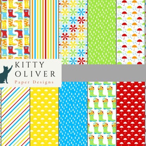 Rainy Day Digital Paper Pack w Umbrellas & Wellingtons | Printable Digital Paper Download | Digital Scrapbook Paper | 12x12