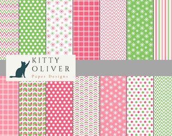 May include: A set of 12 digital paper designs featuring various patterns in pink, green, and white. The patterns include polka dots, stripes, snowflakes, chevrons, and plaid. The text "Kitty Oliver Paper Designs" is included in the image.