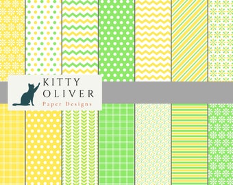 Könnte beinhalten: Ein Set mit 12 digitalen Papierdesigns mit verschiedenen Mustern in Gelb und Grün. Die Muster umfassen Punkte, Streifen, Blumen und geometrische Formen. Der Text "KITTY OLIVER Paper Designs" wird am unteren Rand des Bildes angezeigt.