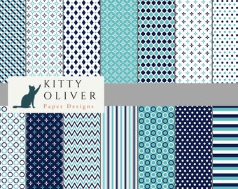 Digitalt papperspaket i marinblått och ljusblått | Utskrivbart digitalt papper för nedladdning | Digitalt scrapbookingpapper | 12x12