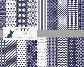 Marinblått papperspaket med grundläggande mönster | Utskrivbart digitalt papper för nedladdning, scrapbooking, korttillverkning, papperspyssel 12x12, 300 DPI