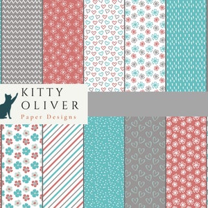 Hearts & Flowers Paper Pack en Aqua Pink Gray / Printable Digital Paper Download, Scrapbooking, Card Making, Paper Crafts 12x12, 300 DPI