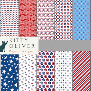 Paquet de papier patriotique du 4 juillet en rouge, blanc et bleu | Téléchargement de papier numérique imprimable, Scrapbooking, Fabrication de cartes, Artisanat 12x12, 300 DPI