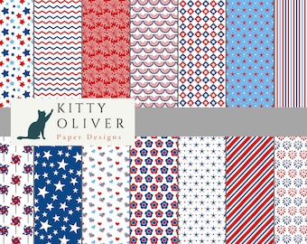 Patriotic 4th of July Paper Pack in Red, White and Blue | Printable Digital Paper Download, Scrapbooking, Card Making, Crafts 12x12, 300 DPI