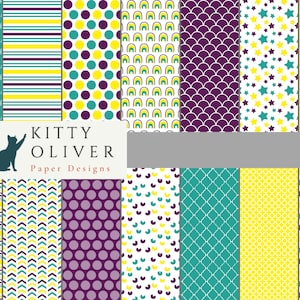 Lila Gelb Türkis Happy Paper Pack | Druckbare digitales Papier Download, Scrapbooking, Kartenherstellung, Papier basteln 12x12, 300 DPI