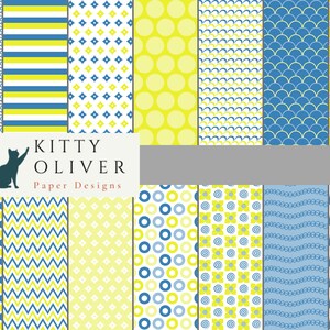 Blaue und gelbe geometrische Muster Papierpackung | Druckbares digitales Papier Download, Scrapbooking, Kartenherstellung, Basteln, 12x12, 300 DPI