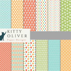 Pomarańczowy, niebieski, zielony wzór papieru Pakiet | Drukowany cyfrowy papier do pobrania, Scrapbooking, Tworzenie kartek, Rękodzieło papierowe 12x12, 300 DPI