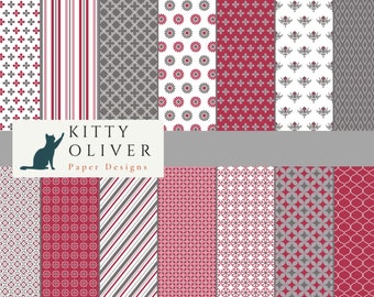 Cranberry Red and Gray Patterns Paper Pack | Printable Digital Paper Download, Scrapbooking, Card Making, Crafts, 12x12, 300 DPI