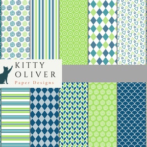 Paquet de papier bleu sarcelle, bleu marine et vert | Téléchargement de papier numérique imprimable, Scrapbooking, Fabrication de cartes, Artisanat en papier 12x12, 300 DPI