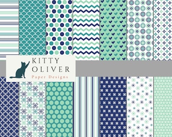 Turquoise and Navy Blue Geometric Digital Paper Pack | Printable Digital Paper Download | Digital Scrapbook Paper | 12x12