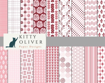 May include: A set of 16 digital paper designs in pink and burgundy featuring various patterns including floral, geometric, and polka dots. The text "Kitty Oliver Paper Designs" is at the bottom of the image.