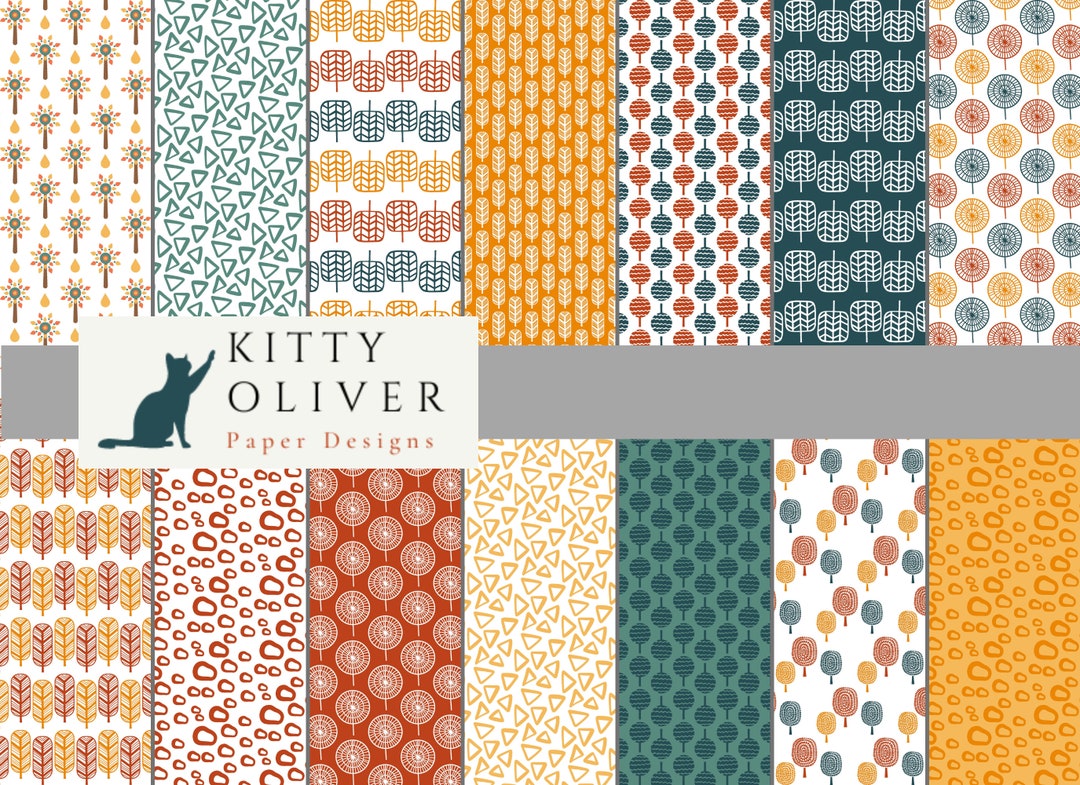 Mod Scandinavian Fall Paper Pack in Teal Orange Yellow | Printable ...