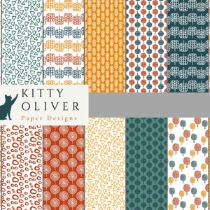 Mod Scandinavian Fall Paper Pack en Teal Orange Yellow | Téléchargement de papier numérique imprimable, Scrapbooking, Fabrication de cartes 12 x 12, 300 DPI