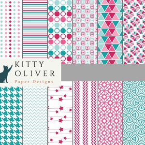 Pink and Turquoise Patterns, Printable Digital Paper Download for Scrapbooking, Card Making, Paper Crafting, 12x12, 300 dpi