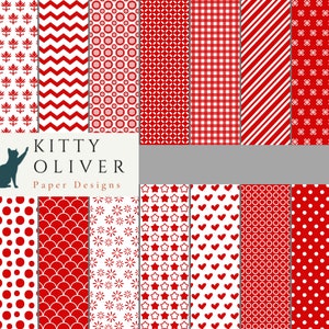 May include: A set of 20 digital paper designs featuring red and white patterns. The patterns include polka dots, stars, hearts, chevrons, and geometric shapes. The text "KITTY OLIVER Paper Designs" is at the top of the image.