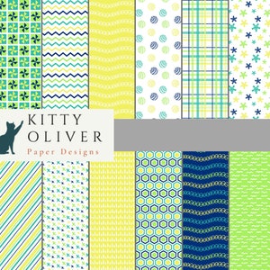 Fun Paper Pack en Bleu Jaune Vert | Téléchargement de papier numérique imprimable, Scrapbooking, Fabrication de cartes, Artisanat en papier 12x12, 300 DPI