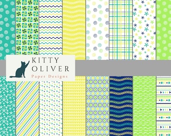 Roligt papperspaket i blått gult grönt | Utskrivbart digitalt papper för nedladdning, scrapbooking, korttillverkning, papperspyssel 12x12, 300 DPI