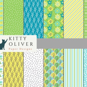 Pacchetto di carta digitale fiori primaverili in verde, giallo, blu / download di carta digitale stampabile, creazione di biglietti, album di ritagli, 12x12, 300 DPI