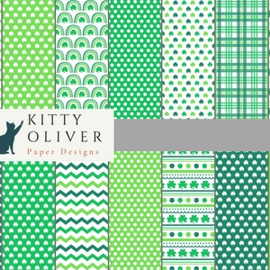 Grünes St. Patrick's Day Digital Paper Pack, Shamrocks & Rainbows | Druckbares digitales Papier | Digitales Papier | 12x12mm