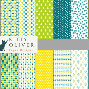 Puede incluir: Un conjunto de 12 diseños de papel digital con varios patrones en tonos de azul, verde y amarillo. Los patrones incluyen corazones, peces, botones, peras, flechas y flores. El texto "Kitty Oliver Paper Designs" se muestra en la parte superior de la imagen.