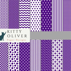 Puede incluir: Un conjunto de 16 diseños de papel digital con varios patrones geométricos en morado y blanco. Los patrones incluyen lunares, estrellas, corazones, chevrones y más.