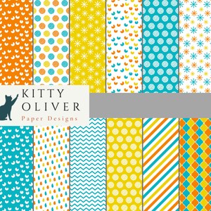 Happy Paper Pack in Türkis Orange Gelb | Druckbares digitales Papier Download, Scrapbooking, Kartenherstellung, Papier basteln 12x12, 300 DPI
