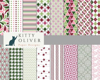 Pink and Green Patterns, Printable Digital Paper Download for Scrapbooking, Card Making, Paper Crafting, 12x12, 300 dpi