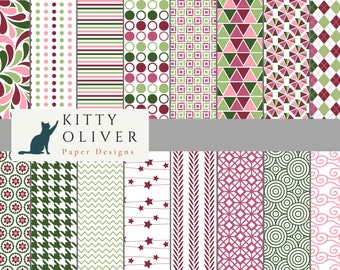 Pink and Green Patterns, Printable Digital Paper Download for Scrapbooking, Card Making, Paper Crafting, 12x12, 300 dpi