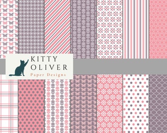 May include: A set of 12 digital paper designs featuring various patterns in pink and grey. The patterns include butterflies, flowers, polka dots, stripes, and geometric shapes. The text "Kitty Oliver Paper Designs" is displayed at the top of the image.