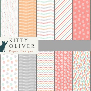 Pastel Pink, Orange, Gray, Aqua Digital Paper Pack | Printable Digital Paper Download | Digital Scrapbook Paper | 12x12