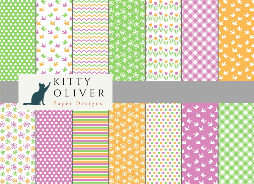 Spring Birds & Flowers Digital Paper Pack in Green, Orange, Purple ...