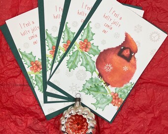 Illustrated Holiday Cards, Illustrated Holiday Cards, Recycled Christmas Cards, Holly Jolly Christmas Cards, Christmas Cardinal Card