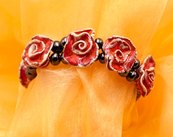 Orange hand-painted earthenware of roses bracelet