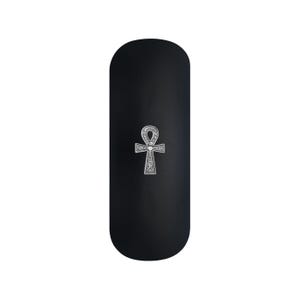 May include: A black, oblong-shaped case with a silver ankh symbol. The ankh is centered on the case and features intricate detailing. The case has a smooth, matte finish. The ankh is a symbol of life and immortality.