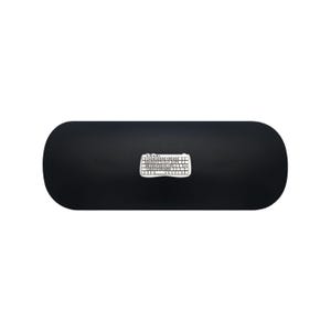 May include: A matte black, oblong-shaped hard case with rounded ends. Centered on the front surface is a small, white, rectangular graphic illustration of a computer keyboard with the word "Swag" printed above the keys in black lettering.