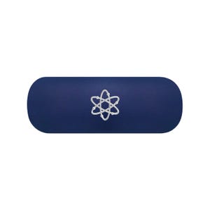 May include: A dark blue, oblong-shaped hard case with rounded ends. Centered on the front surface is a white, thin-lined graphic illustration of an atom, featuring a central nucleus surrounded by three intersecting elliptical orbital paths.