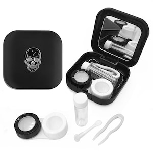 Estuche para lentes de contacto con calavera negra y plateada. Kit de viaje para Halloween. Contenedor portátil de esqueleto. Espejo compacto gótico, regalo de cumpleaños.