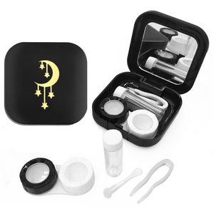 Estuche dorado para lentes de contacto con estrellas fugaces. Kit de viaje para remojo de luna creciente. Contenedor portátil de Halloween. Espejo compacto celestial de regalo.