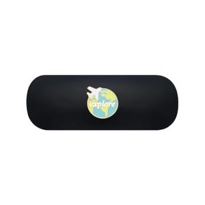 May include: A matte black, oval-shaped hard case featuring a centered circular enamel pin. The pin displays a light blue and pale green globe with a white airplane silhouette flying above it and the word explore written in white script.