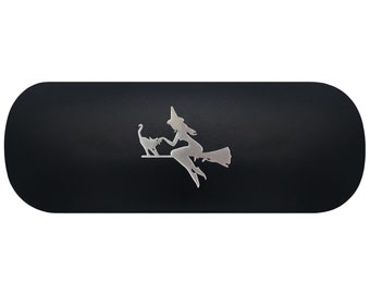 Flying Witch And Cat Hard Glasses Case. Black Cat Spectacle Case. Halloween Reading Eyeglasses Case. Witch On Broomstick Sunglasses Case