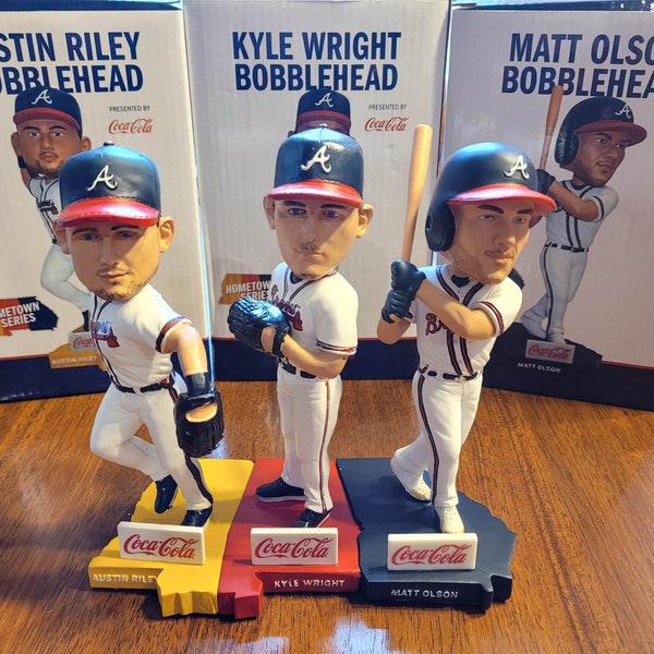 2023 hometown series bobbleheads (Matt Olson, Austin Riley, and Kyle Wright)