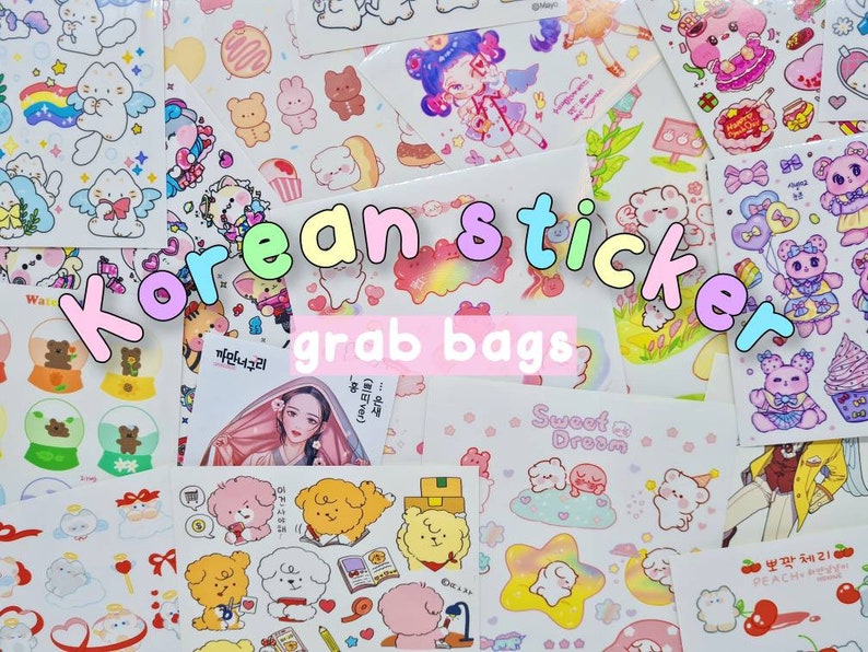May include: Assortment of colorful Korean sticker grab bags featuring various cute cartoon characters, including animals, angels, and people. The bags are labeled with the text "Korean sticker grab bags".